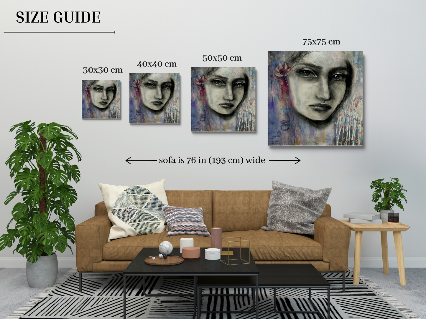 Size Guide: Image displays various sizes of "Still I Rise" original mixed media artwork in a mock up image. There is a brown sofa with indoor plants, cushions and a coffee table. On the wall are 4 different sized images of the artwork: 30x30 cm, 40x40 cm, 50x50 cm and 75x75 cm. The art work is a portrait of a woman surrounded by pastel floral abstract.
