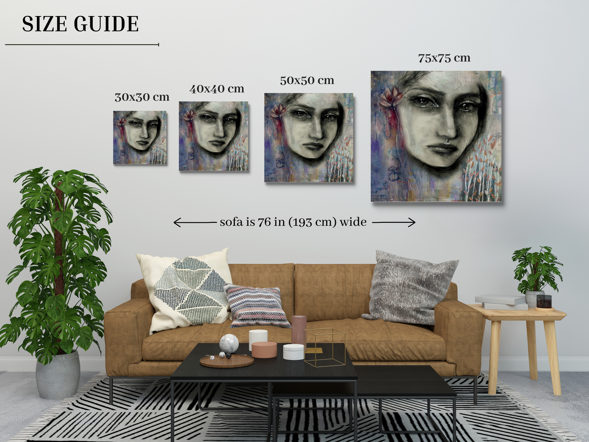 Size Guide: Image displays various sizes of "Still I Rise" original mixed media artwork in a mock up image. There is a brown sofa with indoor plants, cushions and a coffee table. On the wall are 4 different sized images of the artwork: 30x30 cm, 40x40 cm, 50x50 cm and 75x75 cm. The art work is a portrait of a woman surrounded by pastel floral abstract. 