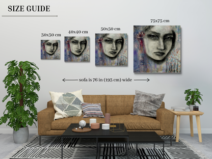 Size Guide: Image displays various sizes of "Still I Rise" original mixed media artwork in a mock up image. There is a brown sofa with indoor plants, cushions and a coffee table. On the wall are 4 different sized images of the artwork: 30x30 cm, 40x40 cm, 50x50 cm and 75x75 cm. The art work is a portrait of a woman surrounded by pastel floral abstract. 